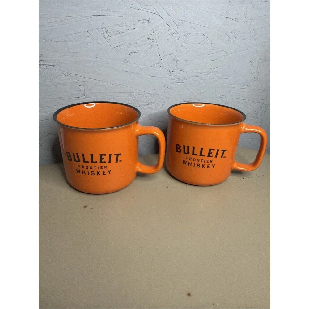 Bulleit Frontier Whiskey Bourbon Mugs Set of 2 Orange Coffee Drink Ceramic Cup